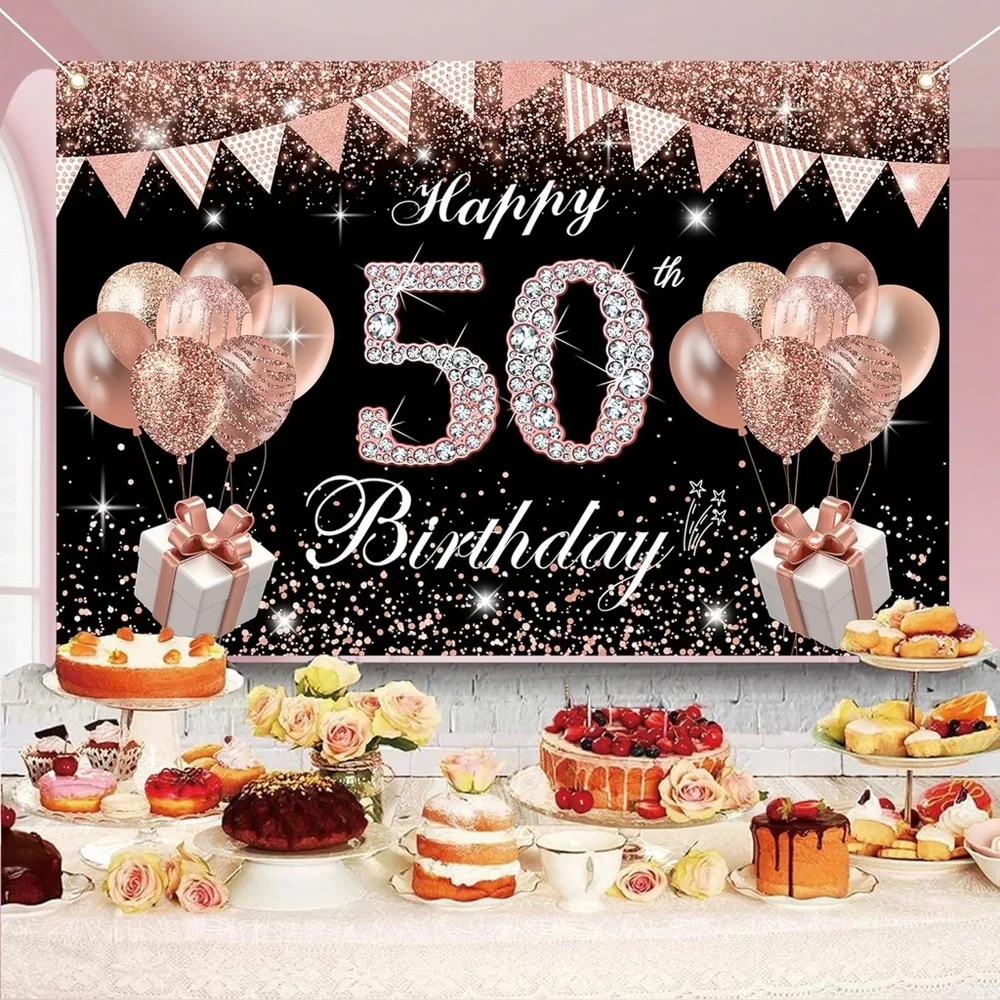 50th Birthday Decorations Rose Gold Black Balloon Arch Backdrop Boxes Set NEW